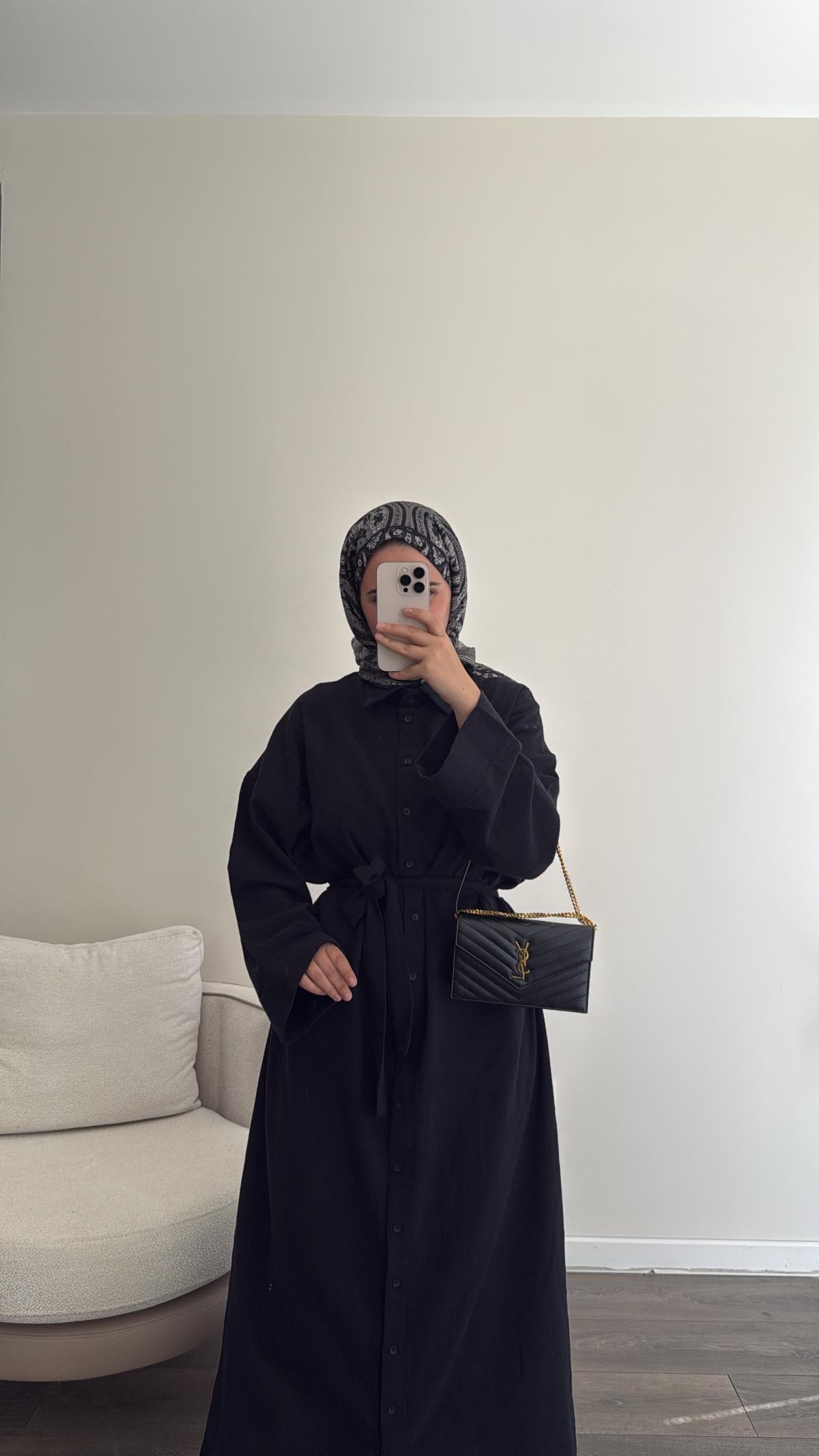 Keten Dokulu Siyah Gömlek Elbise