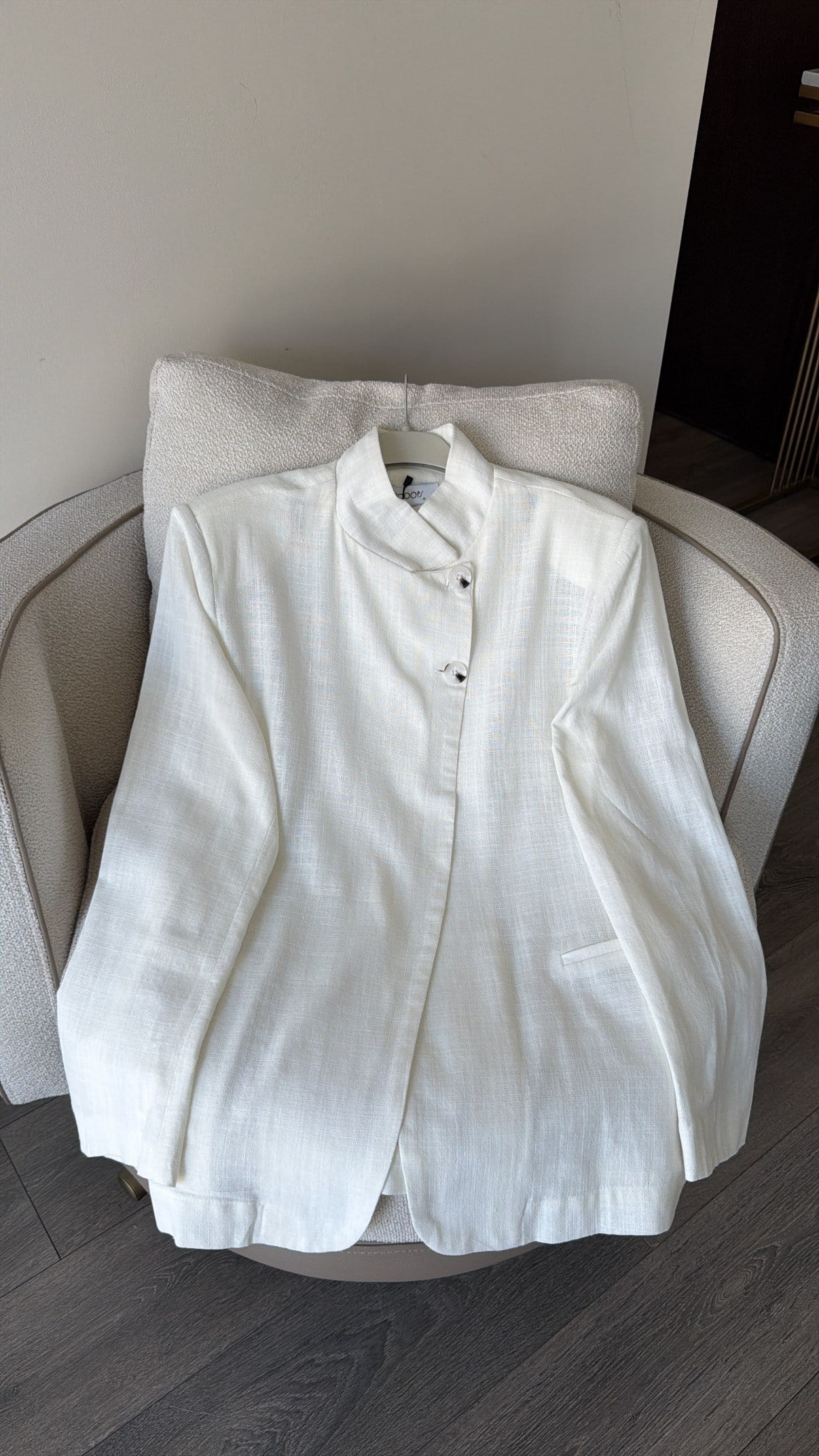 Keten Görünümlü Tek Düğmeli Blazer Ceket - Beyaz