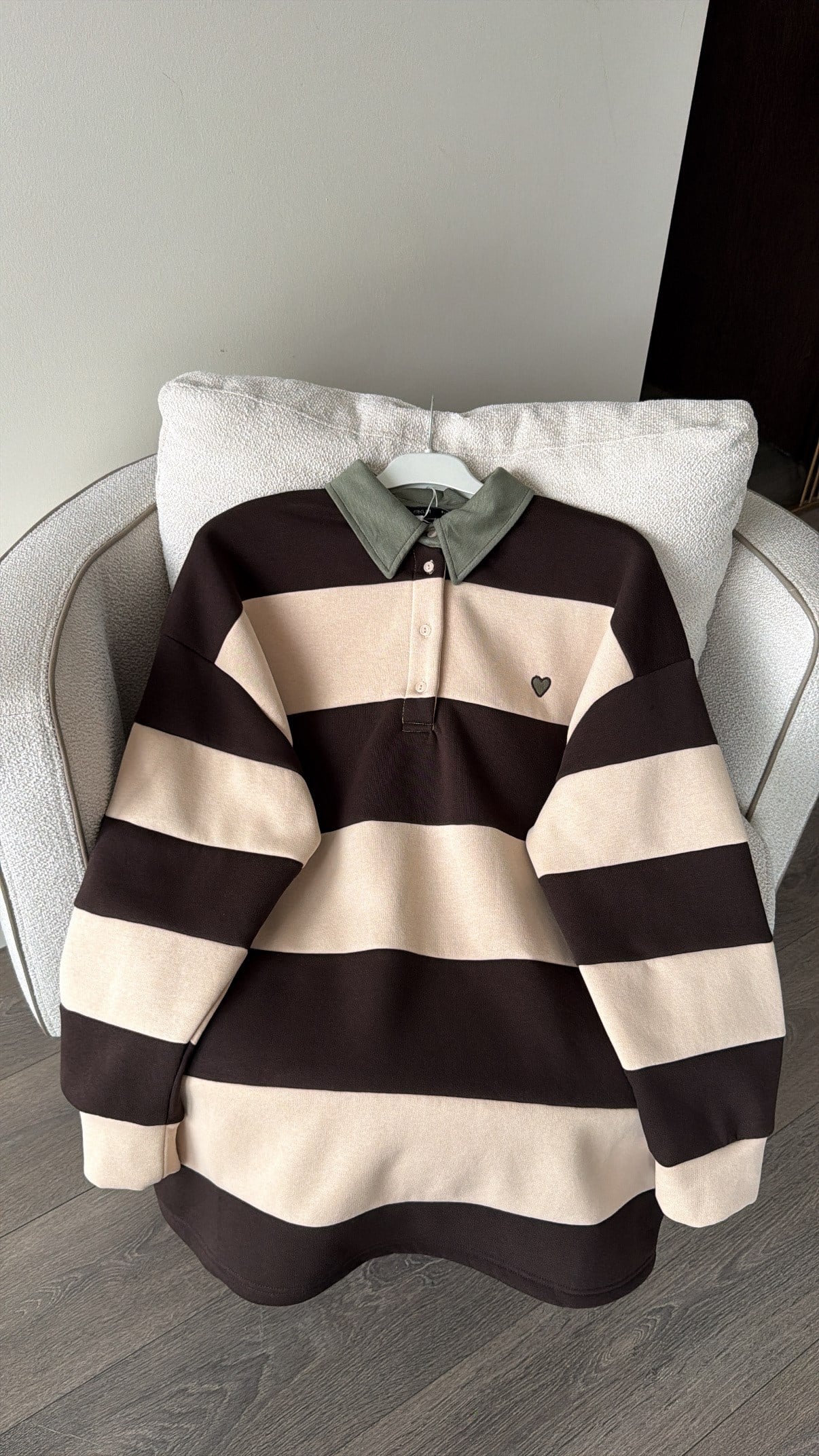 Nakış Detaylı Çizgili Sweatshirt - Kahve