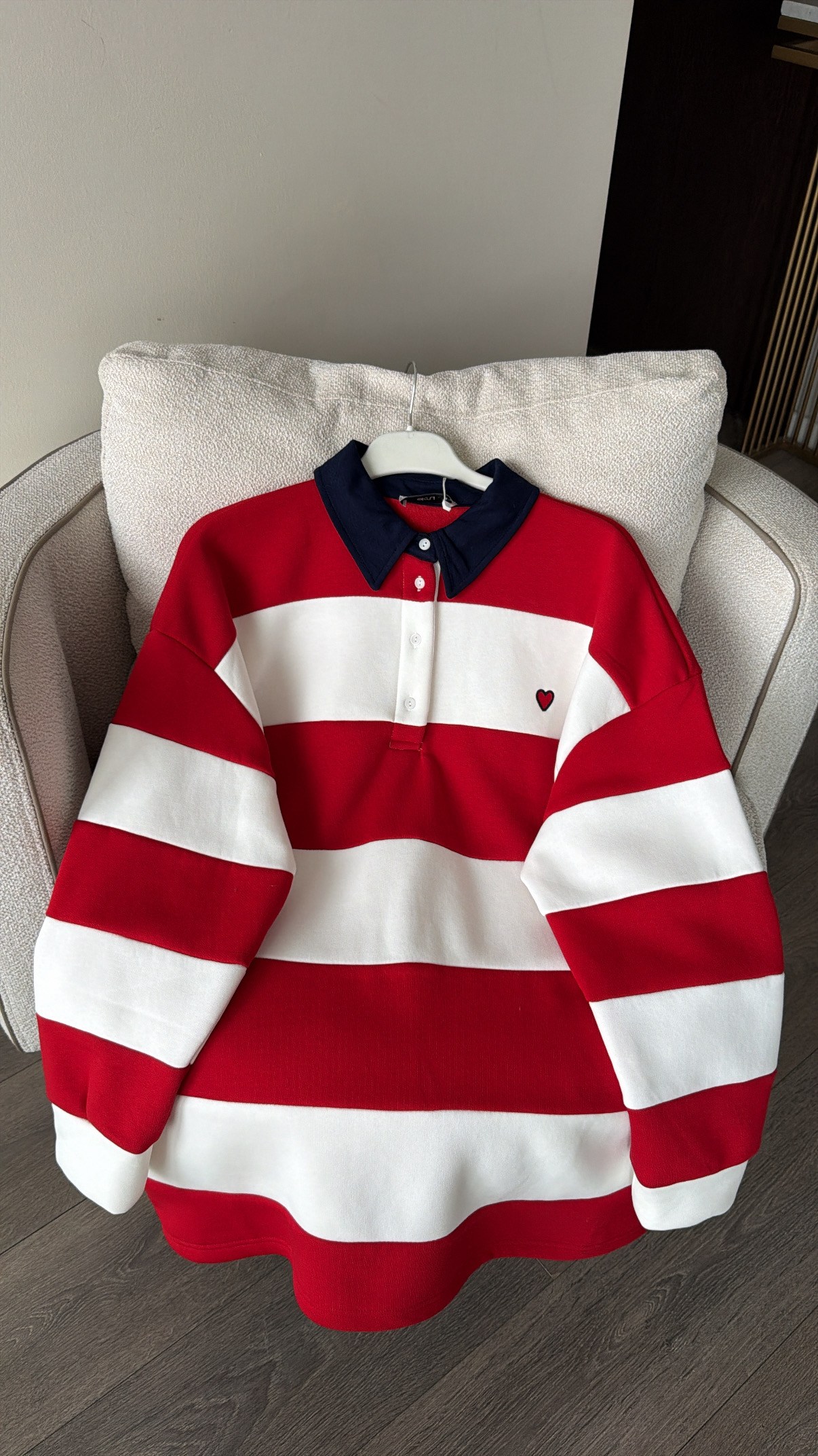 Nakış Detaylı Çİzgili Sweatshirt- Kırmızı