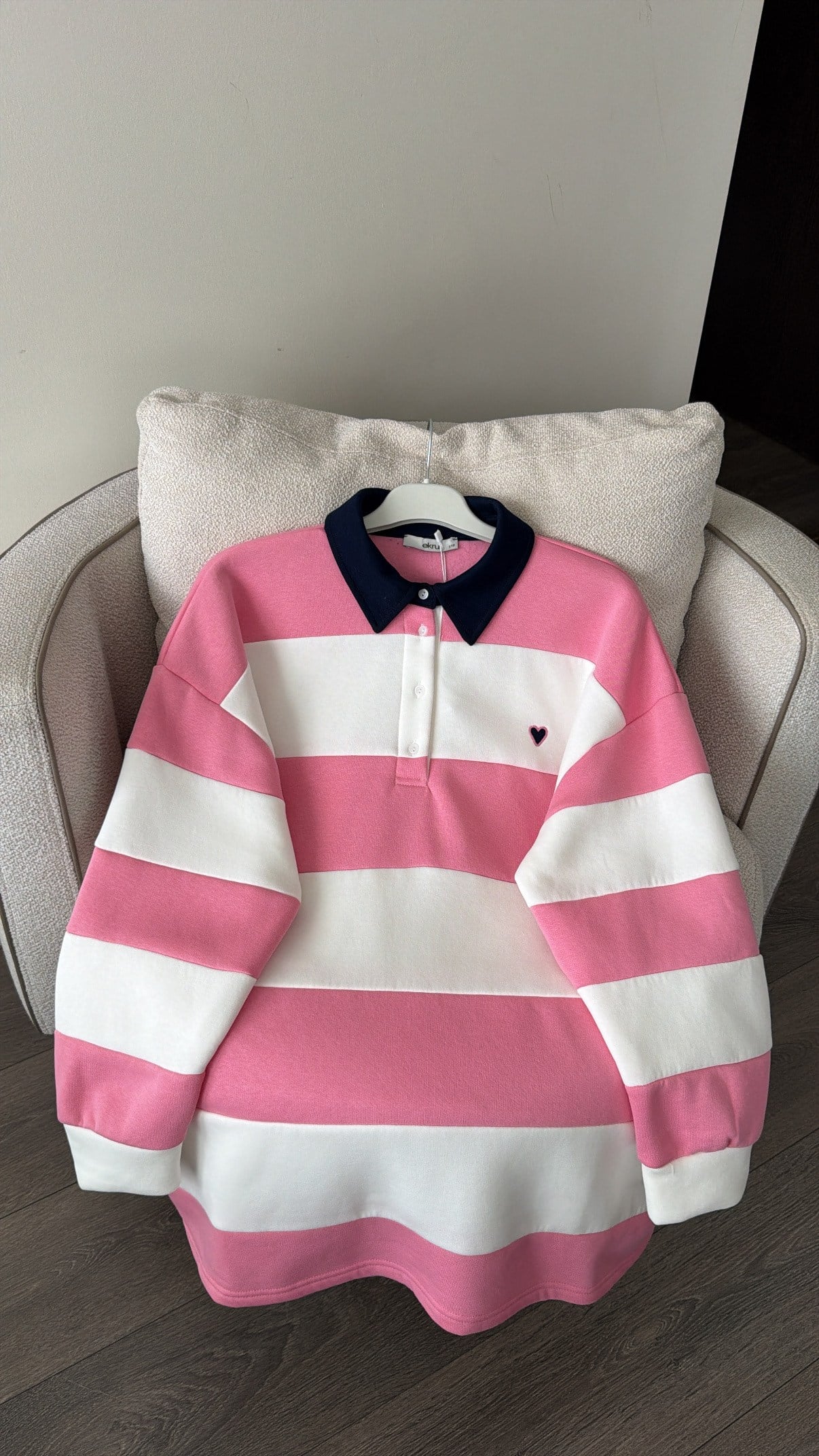 Nakış Detaylı Çizgili Sweatshirt - Pembe