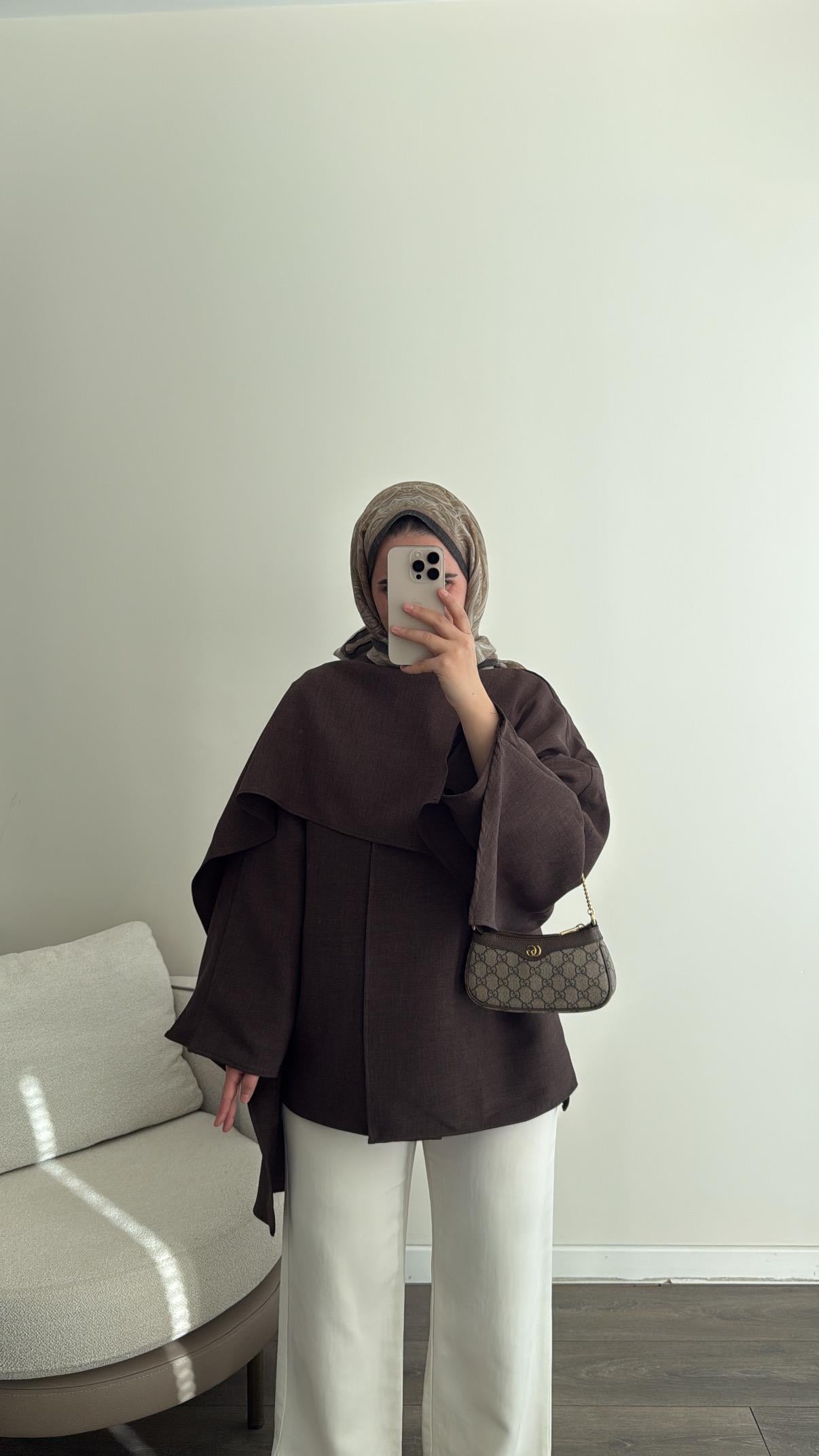 Pelerin Detaylı Kahve Tunik