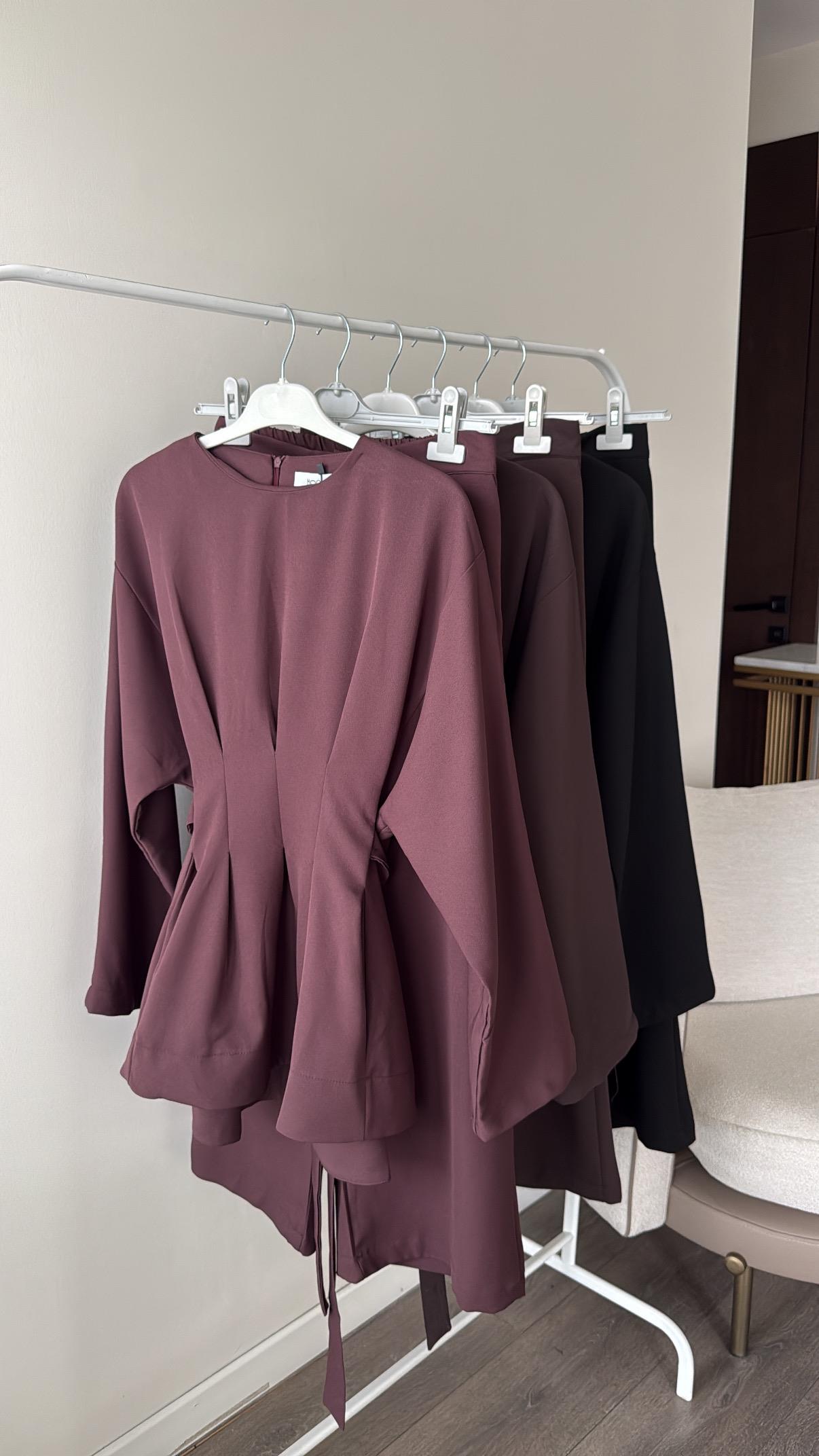 Pile Detaylı Pantolonlu Takım - Kahverengi
