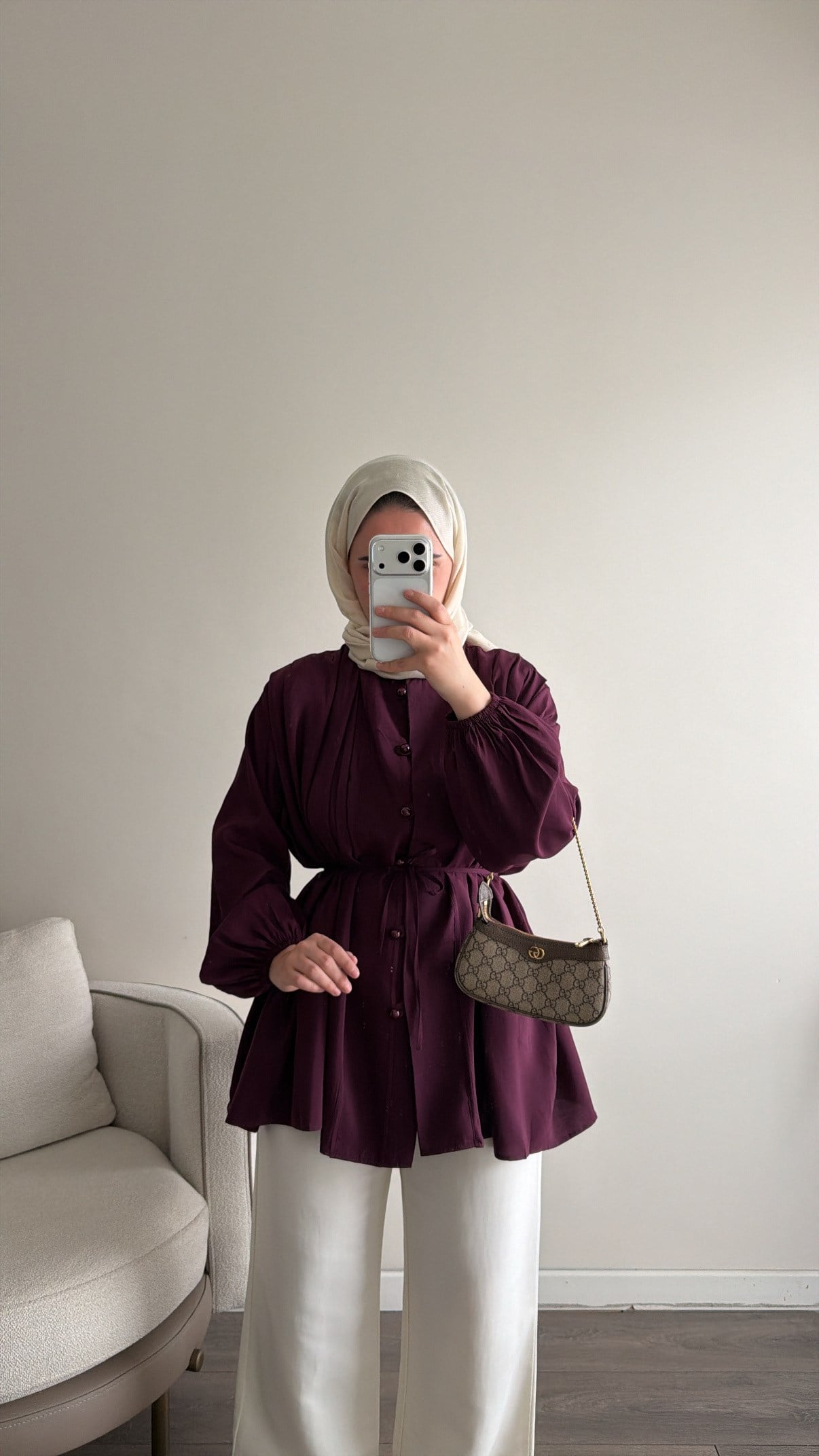 Piliseli Top düğme Gömlek - Mürdüm