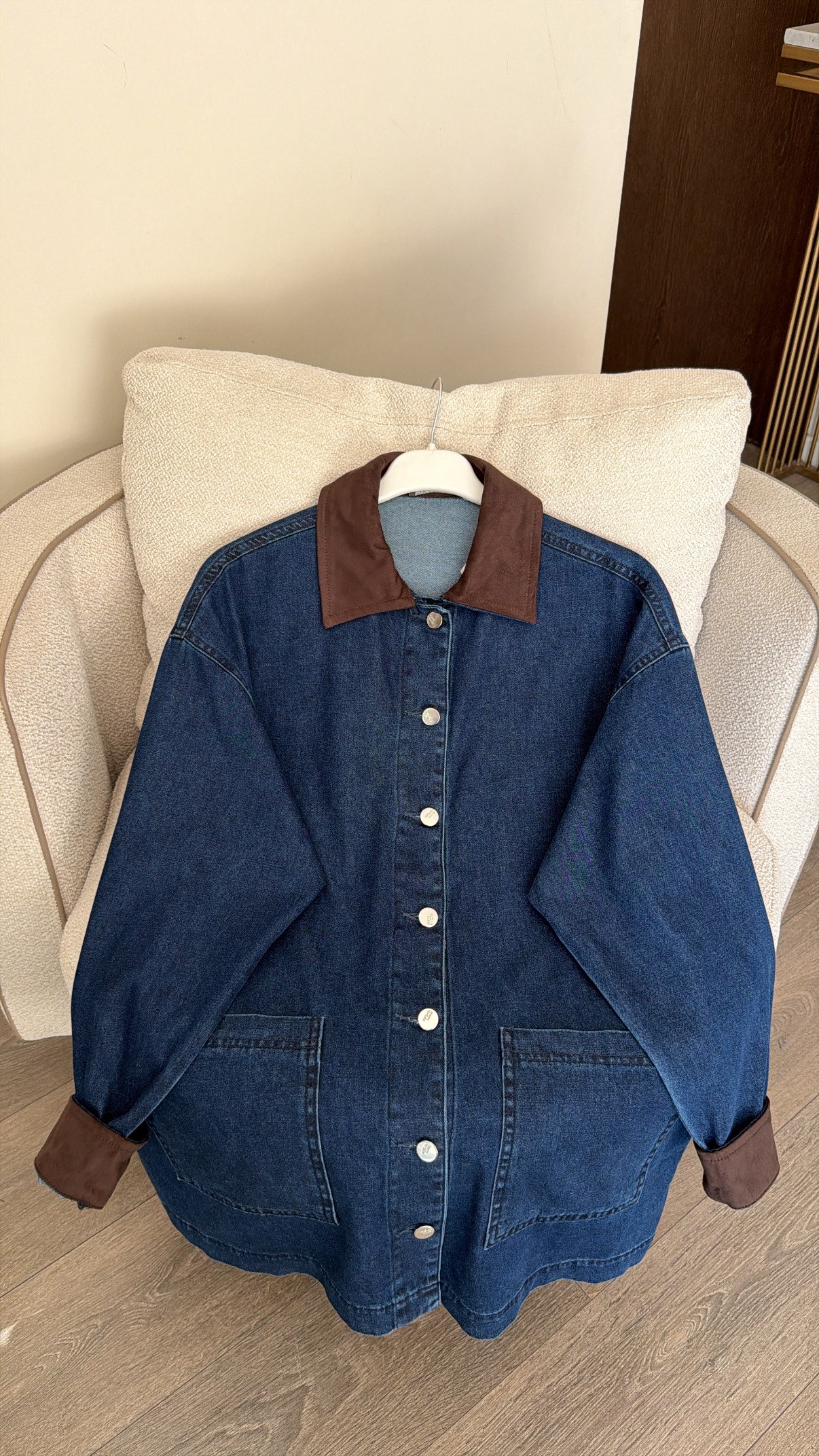 Yaka ve Kolları Süet Detaylı Denim Ceket - Koyu Mavi