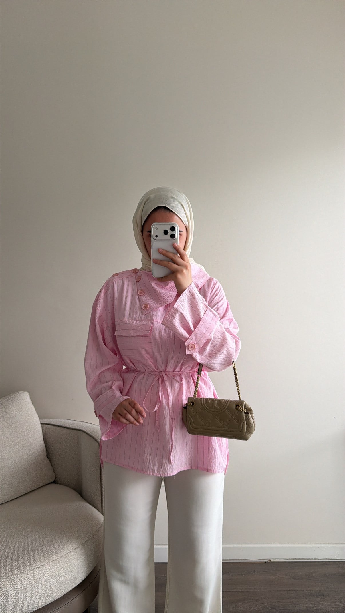 Yakası Düğme Detaylı Çizgili Gömlek - Pembe