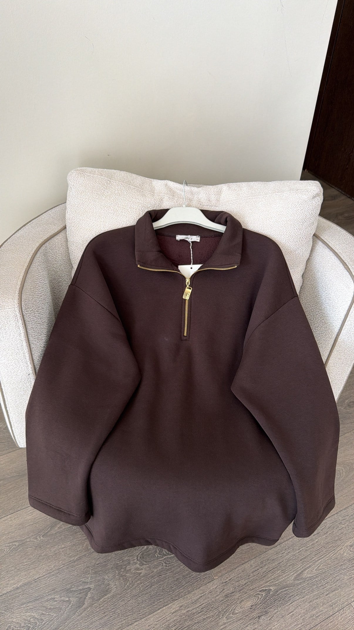 Yarım Fermuarlı Dik Yaka Sweatshirt - Kahve
