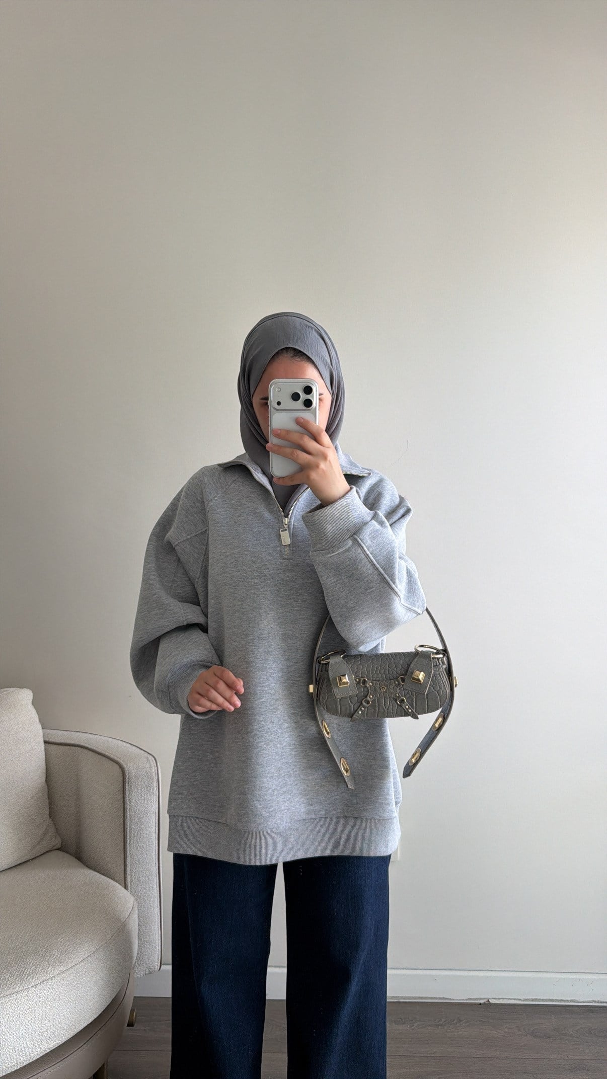 Yarım Fermuarlı Sweatshirt - Gri