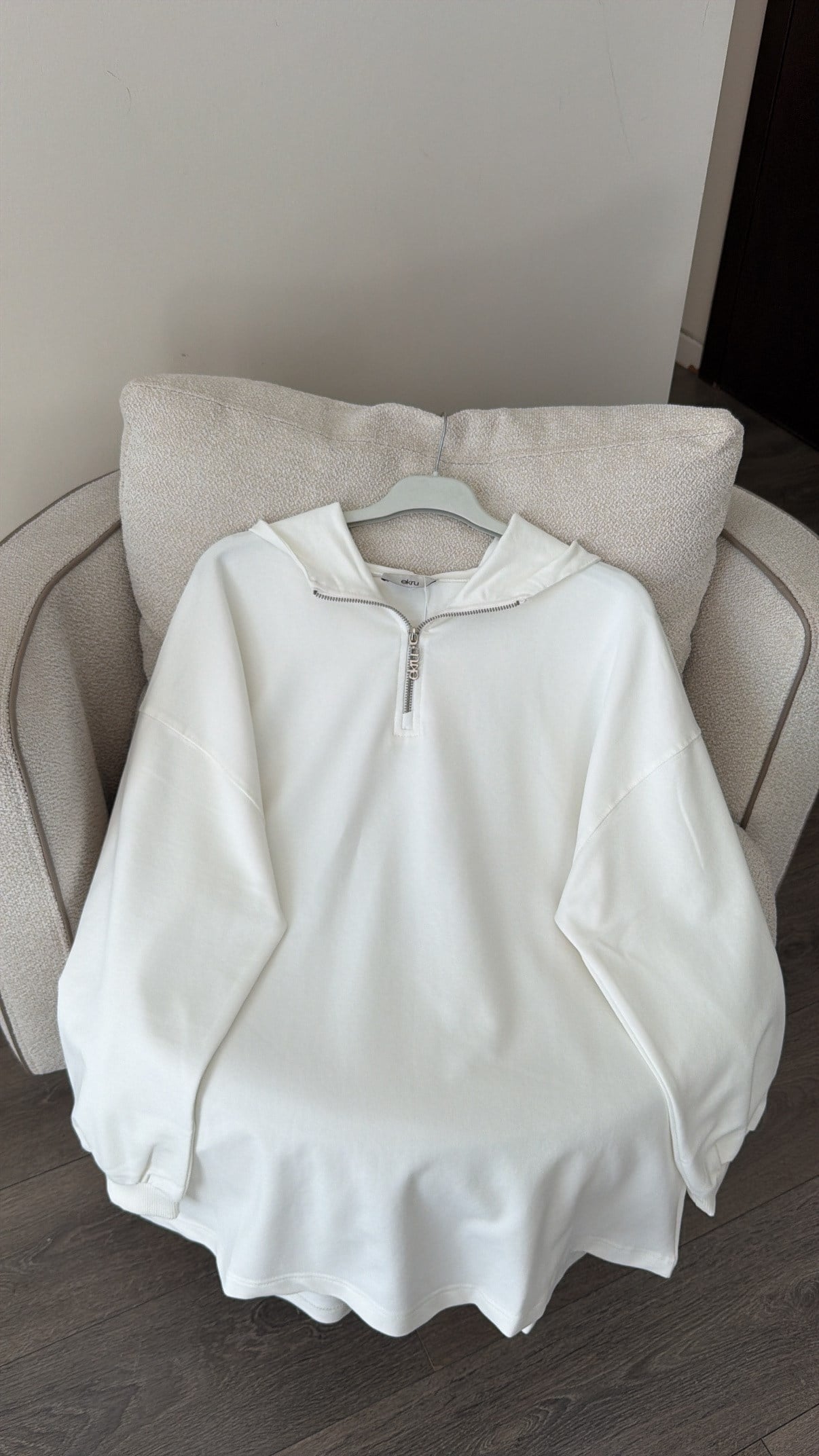 Yüksek Yaka Fermuarlı Sweatshirt - Ekru
