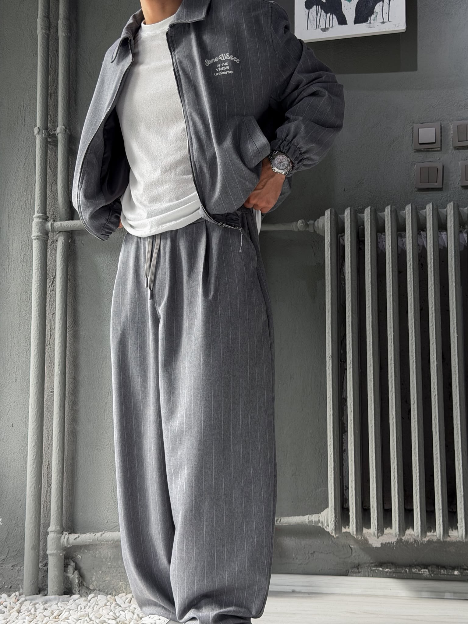 Bomber ve Baggy Pantolon Çizgili Alt-üst Takım