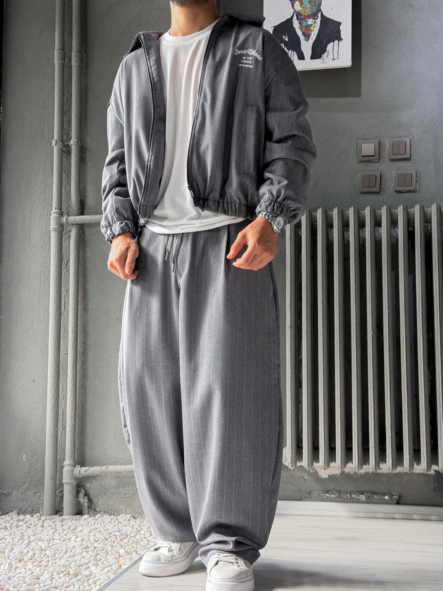 Bomber ve Baggy Pantolon Çizgili Alt-üst Takım