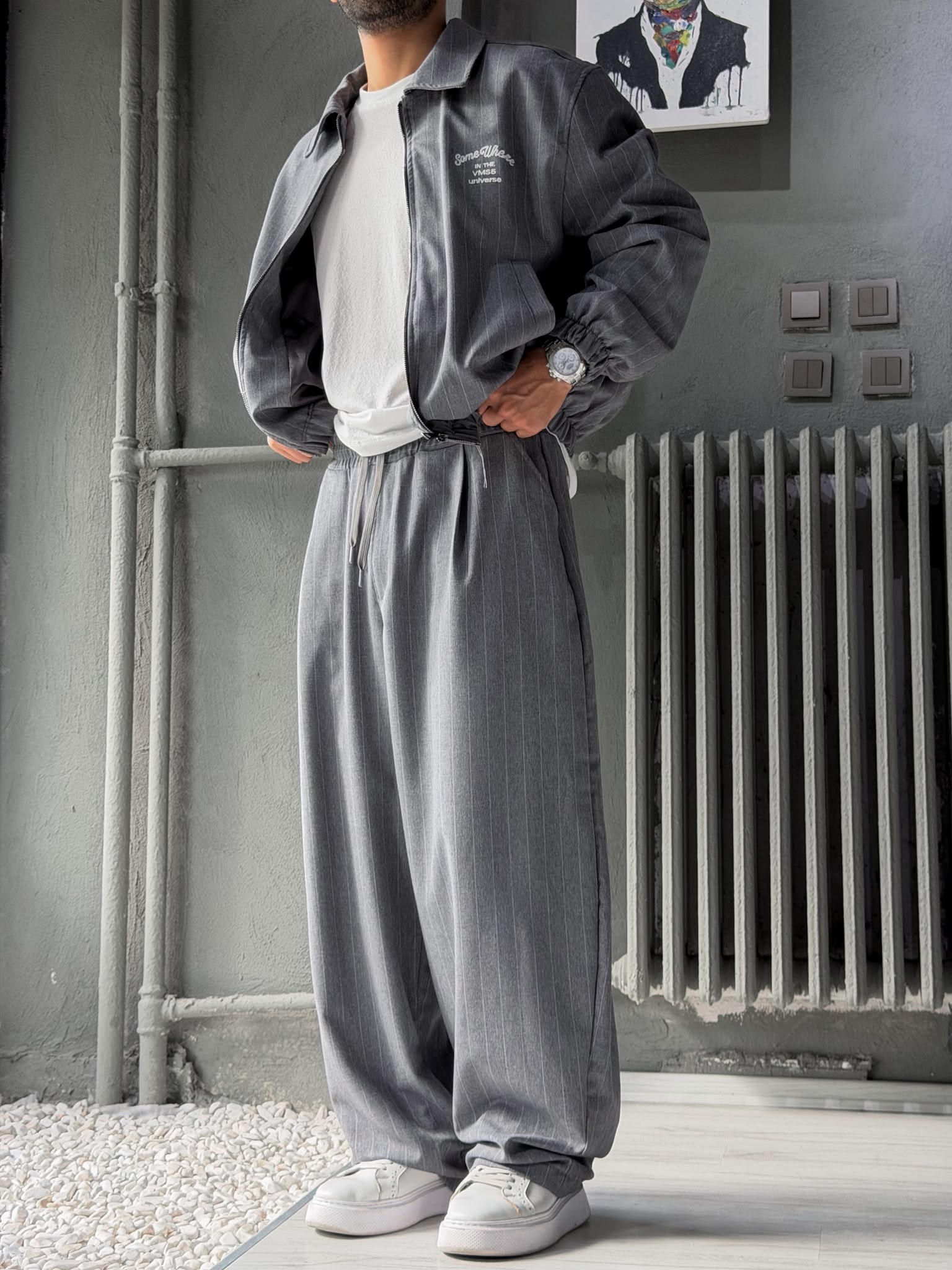 Bomber ve Baggy Pantolon Çizgili Alt-üst Takım