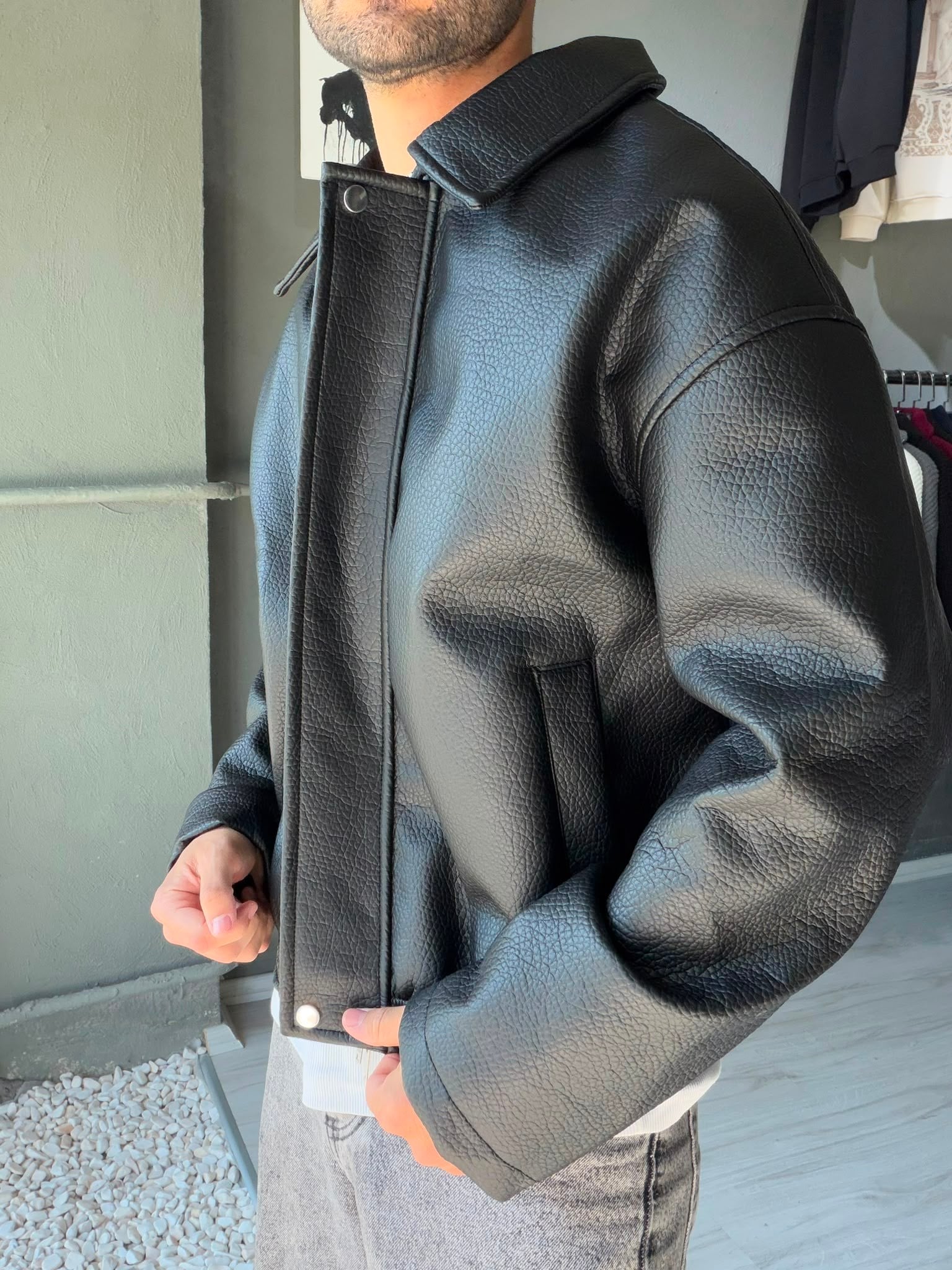 Çift Fermuarlı Oversize Deri Ceket