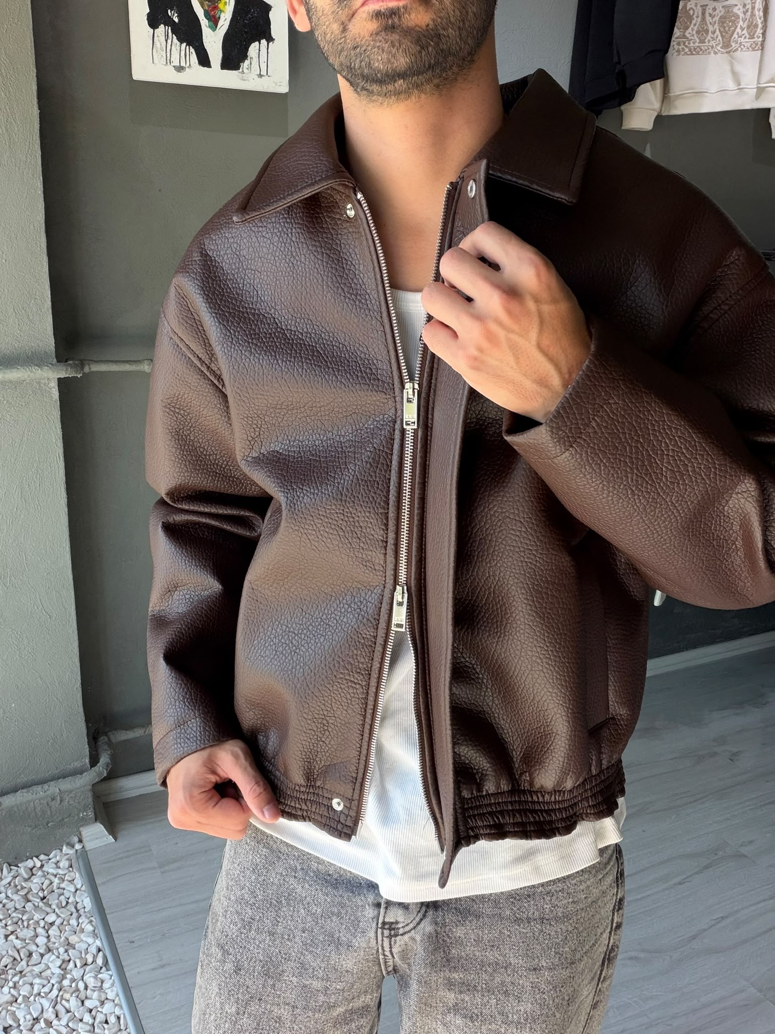 Çift Fermuarlı Oversize Deri Ceket