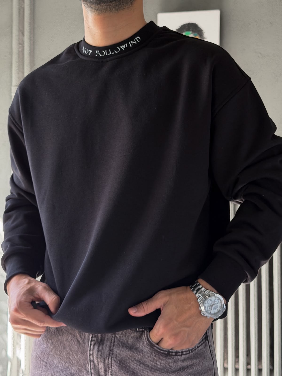 Oversize Şardonlu Bisiklet Yaka Sweat