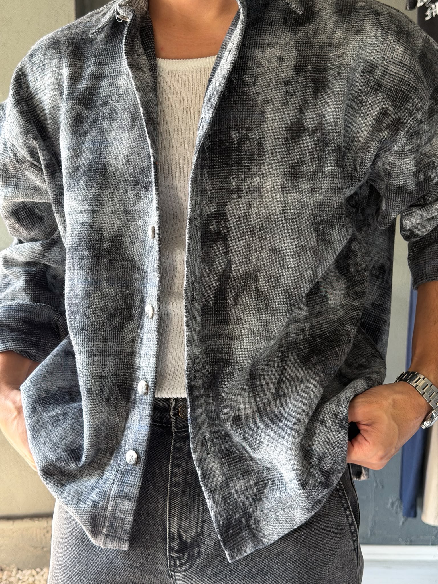 Oversize Yıkama Kumaş Kareli Gömlek