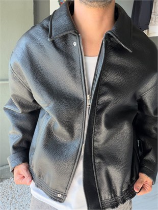 Çift Fermuarlı Oversize Deri Ceket
