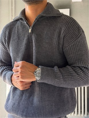 Fermuarlı Oversize Triko Kazak