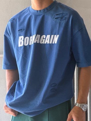 Oversize Born Again Yazılı Yıkamalı T-shirt