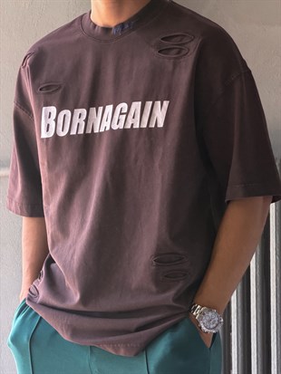 Oversize Born Again Yazılı Yıkamalı T-shirt