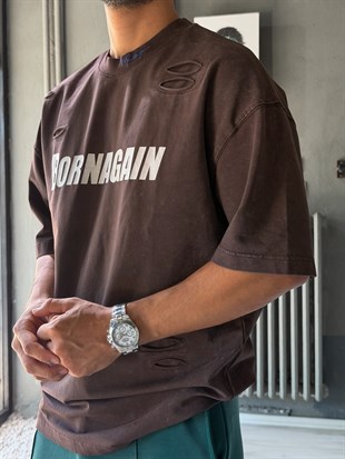 Oversize Born Again Yazılı Yıkamalı T-shirt