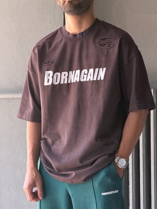 Oversize Born Again Yazılı Yıkamalı T-shirt