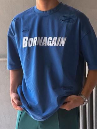 Oversize Born Again Yazılı Yıkamalı T-shirt
