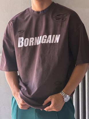 Oversize Born Again Yazılı Yıkamalı T-shirt