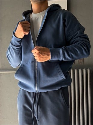 Oversize Fermuarlı Üç İplik Kapşonlu Sweatshirt