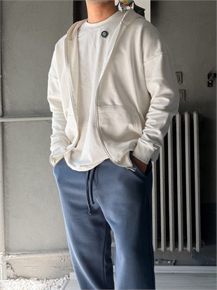 Oversize Fermuarlı Üç İplik Kapşonlu Sweatshirt