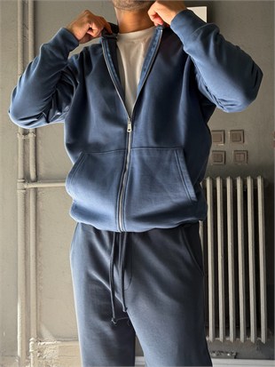 Oversize Fermuarlı Üç İplik Kapşonlu Sweatshirt