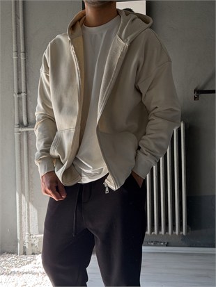 Oversize Fermuarlı Üç İplik Kapşonlu Sweatshirt