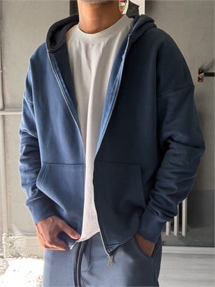 Oversize Fermuarlı Üç İplik Kapşonlu Sweatshirt
