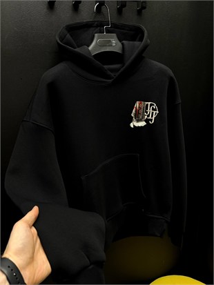 oversize şardonlu patch hoodie