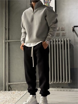Oversize Şardonlu Yarı Fermuarlı Sweat