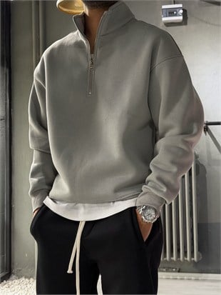 Oversize Şardonlu Yarı Fermuarlı Sweat