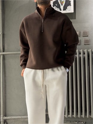 Oversize Şardonlu Yarı Fermuarlı Sweat