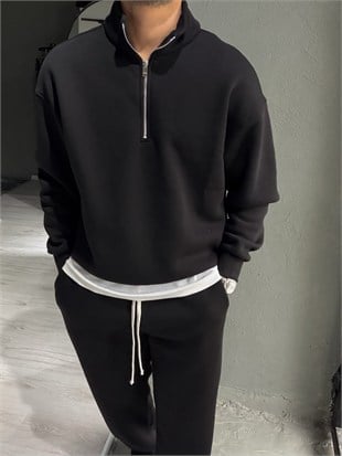 Oversize Şardonlu Yarı Fermuarlı Sweat
