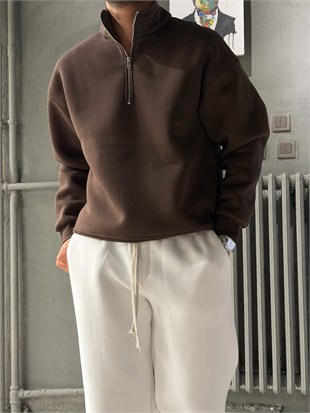Oversize Şardonlu Yarı Fermuarlı Sweat