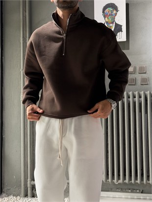 Oversize Şardonlu Yarı Fermuarlı Sweat