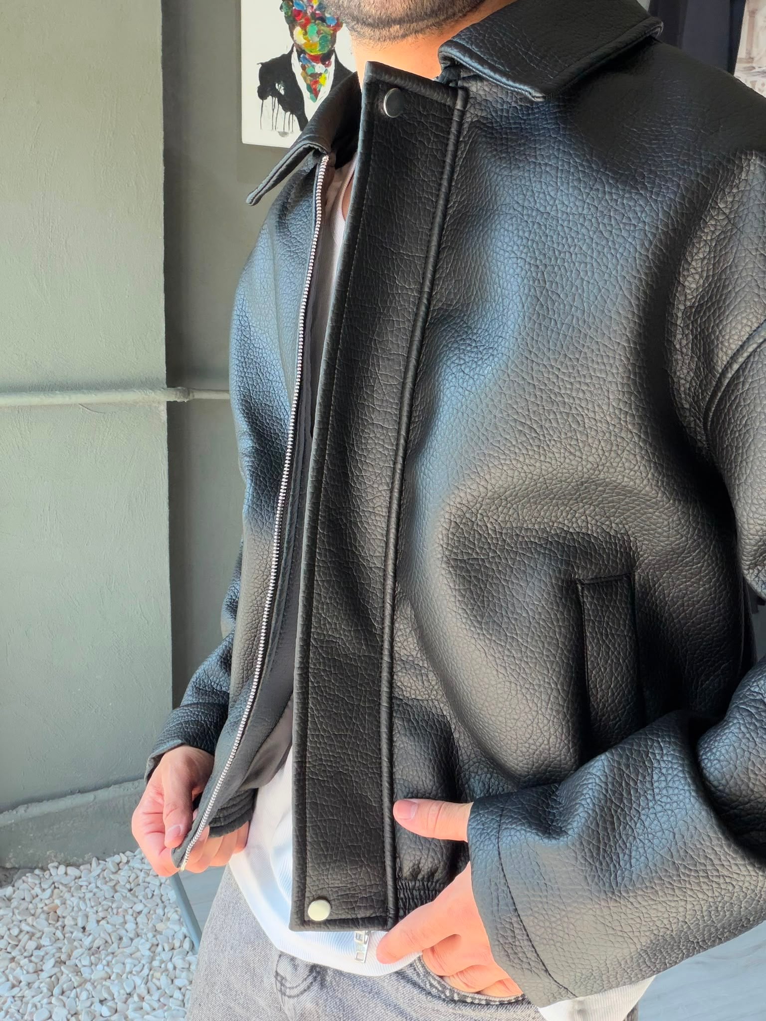 Çift Fermuarlı Oversize Deri Ceket
