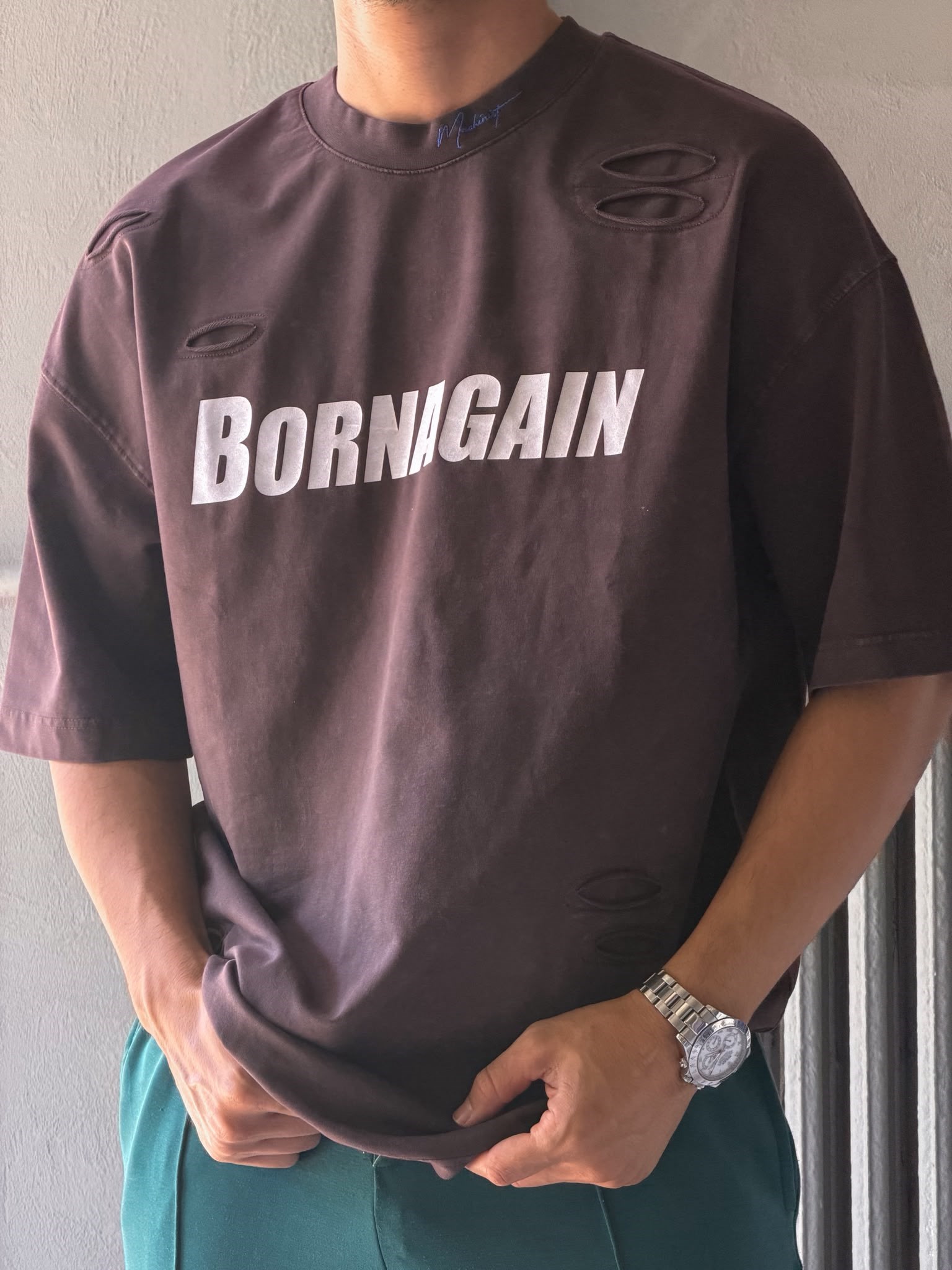 Oversize Born Again Yazılı Yıkamalı T-shirt