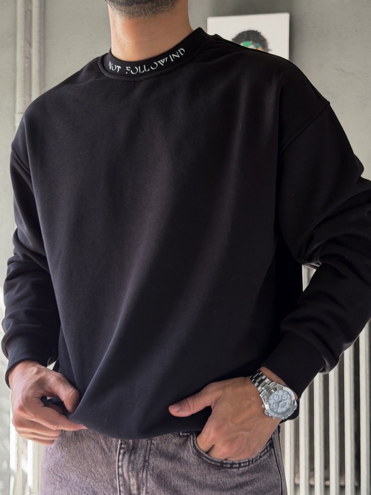Oversize Şardonlu Bisiklet Yaka Sweat