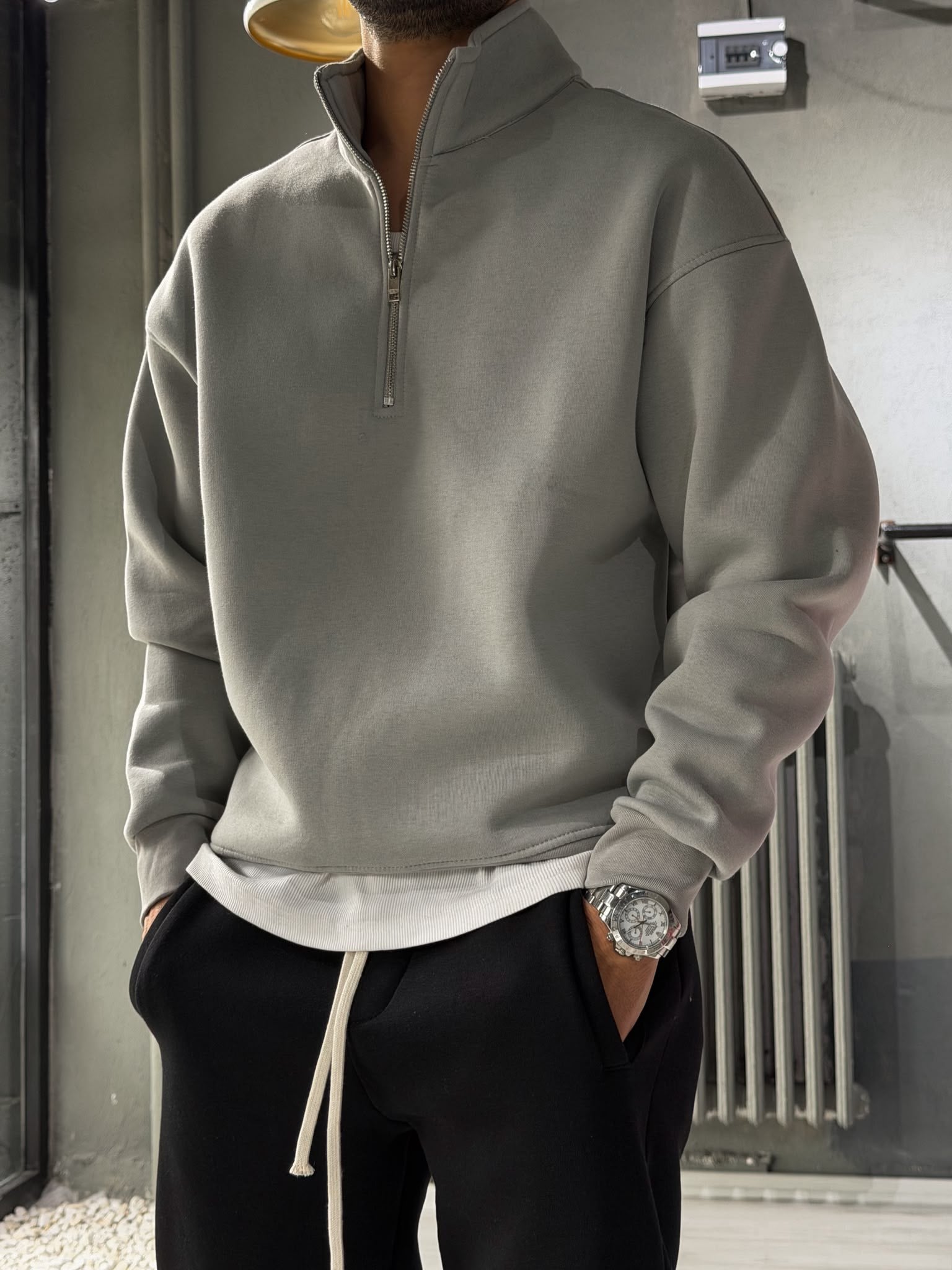 Oversize Şardonlu Yarı Fermuarlı Sweat