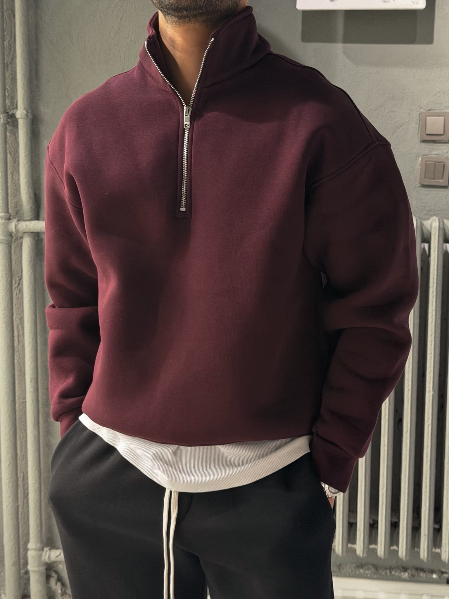 Oversize Şardonlu Yarı Fermuarlı Sweat