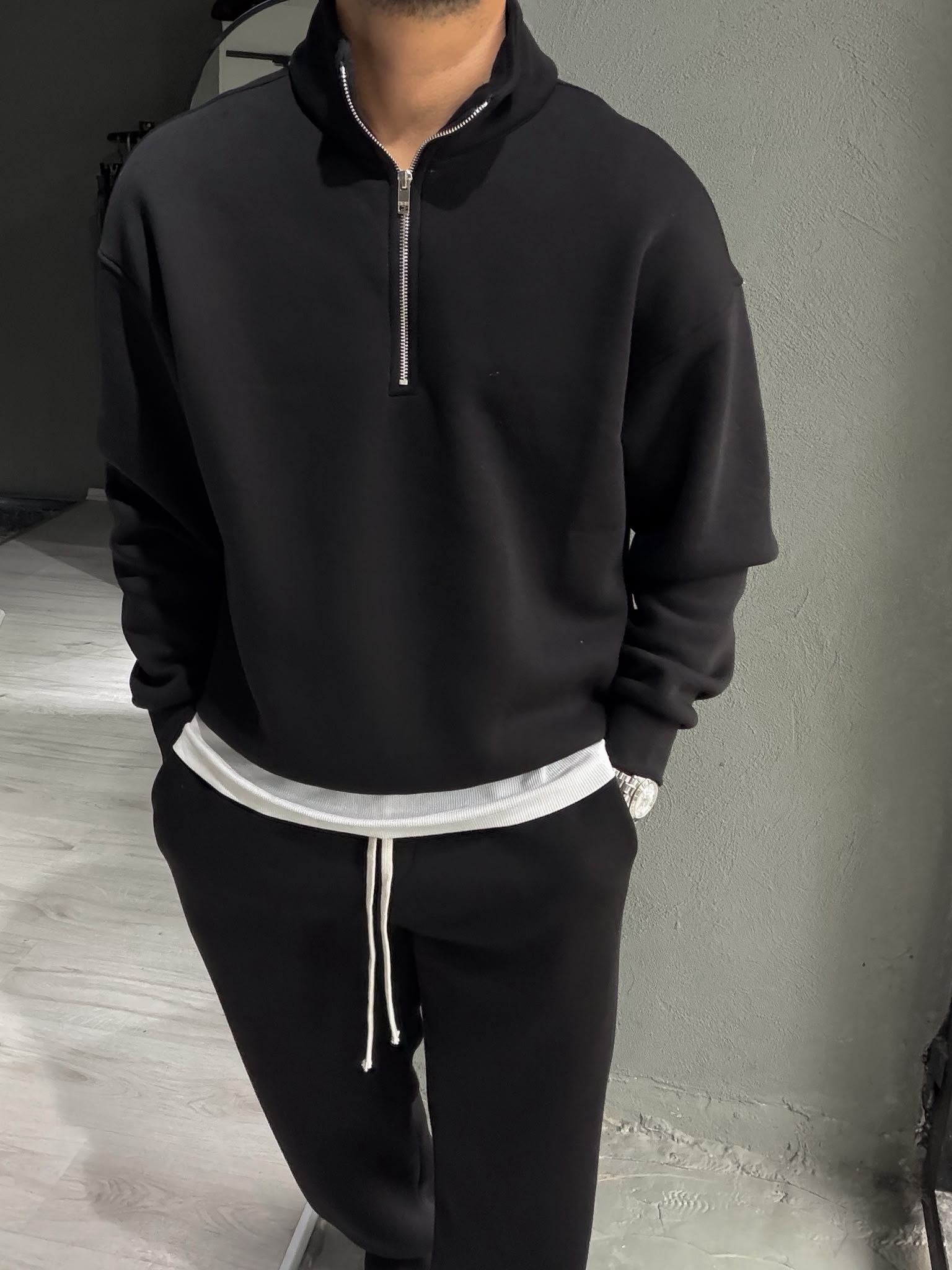 Oversize Şardonlu Yarı Fermuarlı Sweat