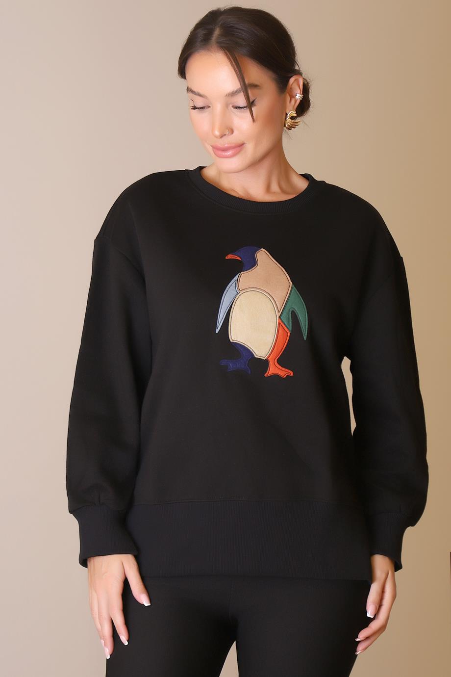 PENGUEN DESENLİ UZUN KOLLU SİYAH KADIN SWEATSHİRT  26315-2K5