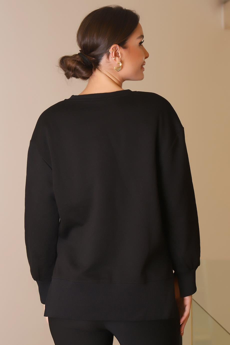 PENGUEN DESENLİ UZUN KOLLU SİYAH KADIN SWEATSHİRT  26315-2K5