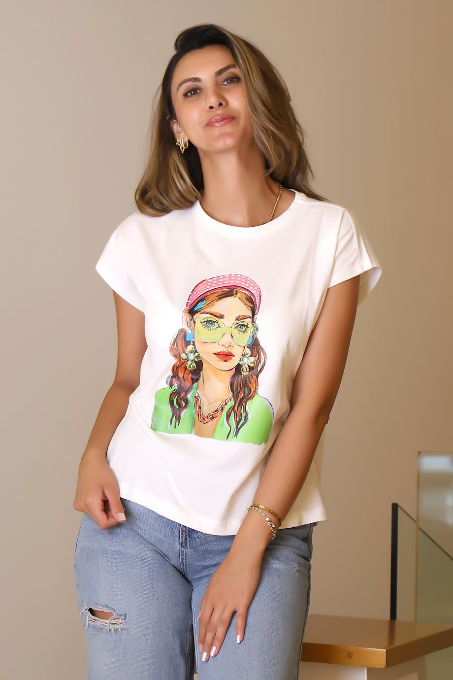 KIZ BASKILI EKRU KISA KOLLU KADIN T-SHİRT  27419-2Y5