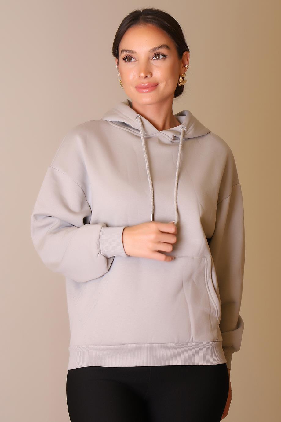KANGURU CEPLİ KAPÜŞONLU GRİ KADIN SWEATSHİRT W0010224-2K5